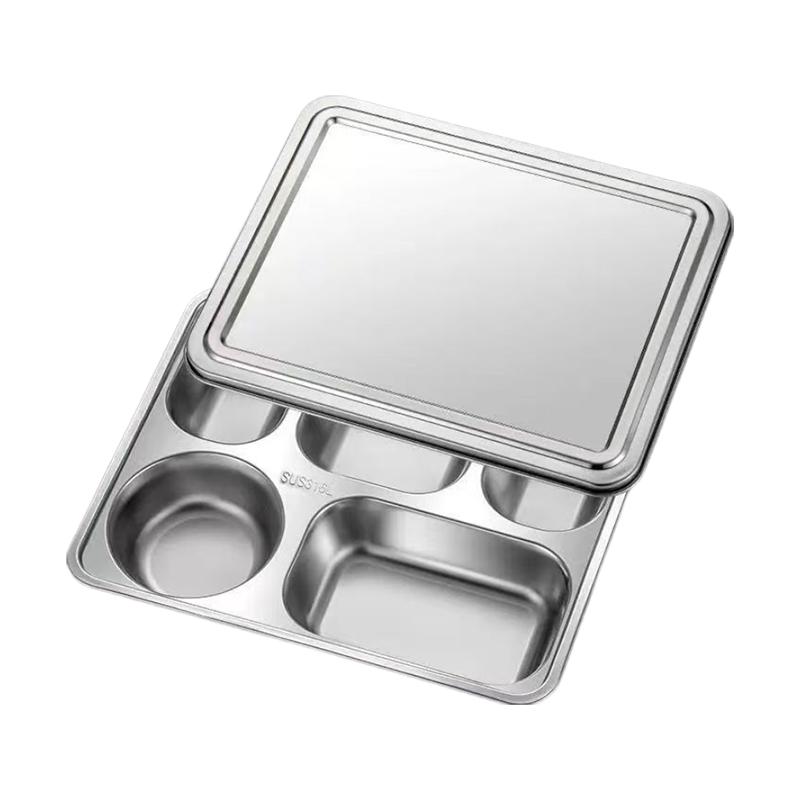 Five-Compartment Stainless Steel Meal Tray with Lid