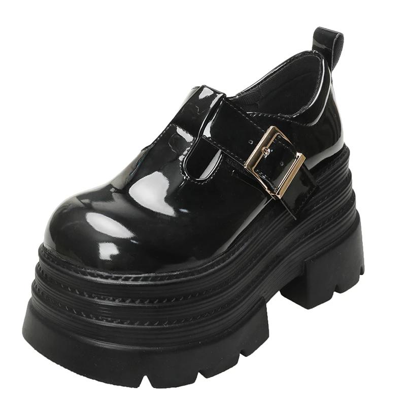 Fashion 2025 Women's High Platform Leather Shoes New Spring 8CM Heels Chunky Sneakers Female Lace-up Buckle Loafers Walking Shoes Woman