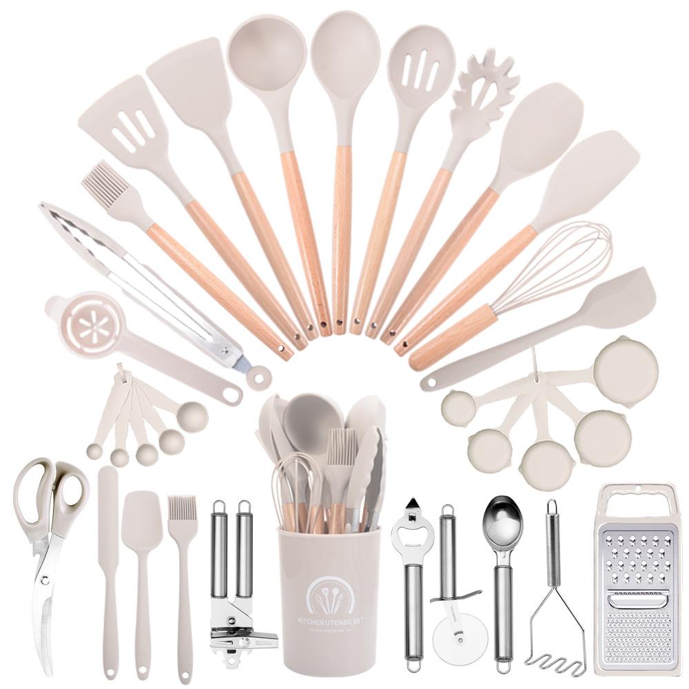 34pcs Premium Silicone Kitchen Utensil Set With Wooden Handles and Knife Heat-Resistant Non-Stick Friendly Cooking