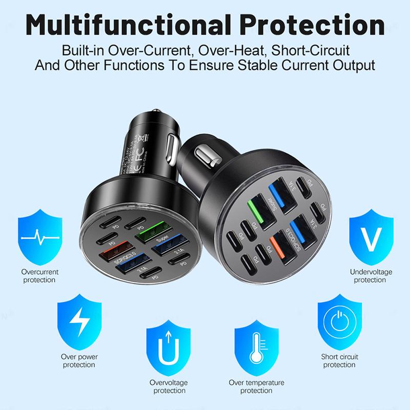 10-Ports Usb Type-C Car Phone Charger For Truck Vehicles Usb-C Fast Charging Power Adapter For Iphone For Samsung Huawei Xiaomi