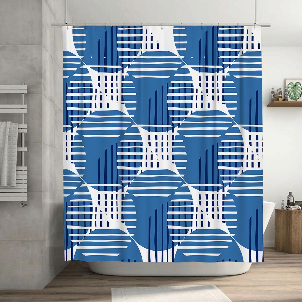 Blue And White Bath Curtains Modern Stripes Pattern Bathroom Shower Curtain Waterproof Decor 72X84 Inches Blue White Set (1)