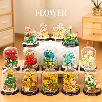 Rose Flower Bouquet Building Block Eternal Bonsai Dust Cover Model Kit Plastic Plant Brick Home Decor Mother's Day Birthday Gift