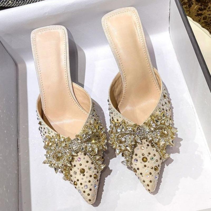 Temperament High Heels Summer New Pointy Head Shallow Mouth Glitter Butterfly Knot Set Foot Anti-slip Wear-resistant High Heels