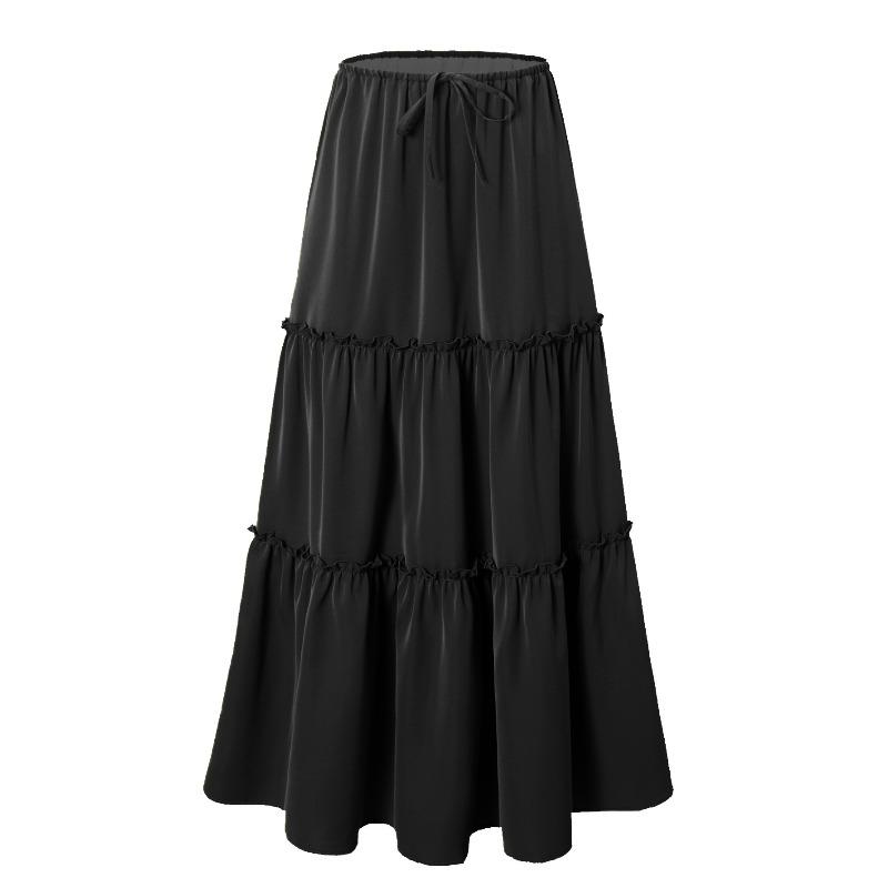 New women s clothing high waist elastic pocket long skirt adjustable lace-up skirt women S чёрный