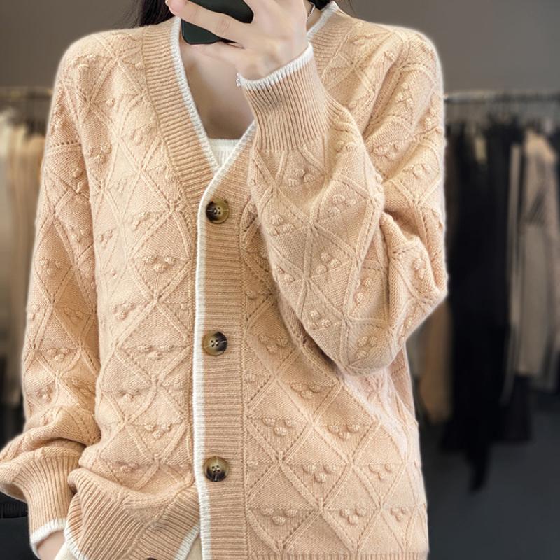 

Трикотажный кардиган для женщин с V-образным вырезом, простой расцветки колор-блок, с ромбовидным узором, из 100% шерсти, на пуговицах, свободного кроя, повседневный, новый, на осень и зиму XXL