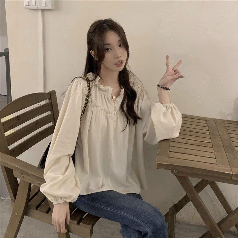 French Style Retro Puff Sleeve Blouse Women Korean Fashion Spliced Ruffles Chiffon Shirt Ladies Elegant Chic Design Shirts