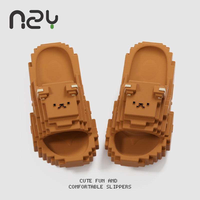 Building Block Pixel Bear Slippers Women's Summer New Thick Bottom Non-slip Bath Cartoon Cool Slippers Men
