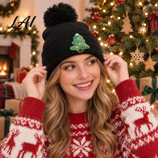 Christmas Holiday Hats Knitted Hat Winter Warm Hat with Pom Decor Cute Santa Claus Headwear Rolled Brim Soft Thermal Cuffed Cap for Party