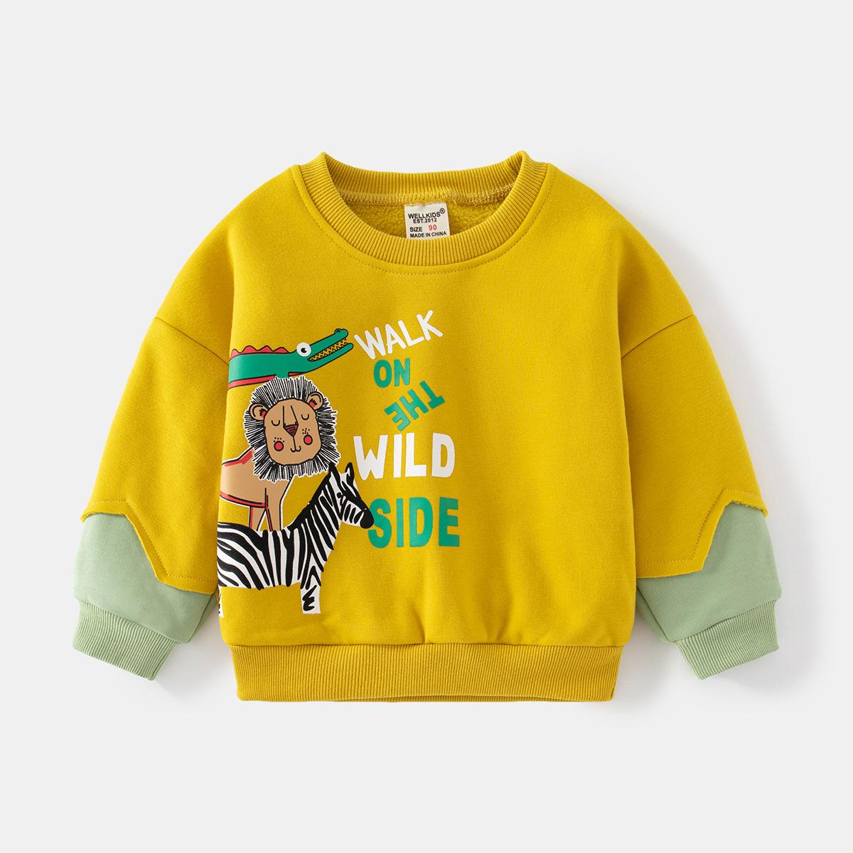 

Fashion autumn and winter new children s fleece sweater, animal print long-sleeved jumper, contrasting color crew neck thermal sweater 130cm