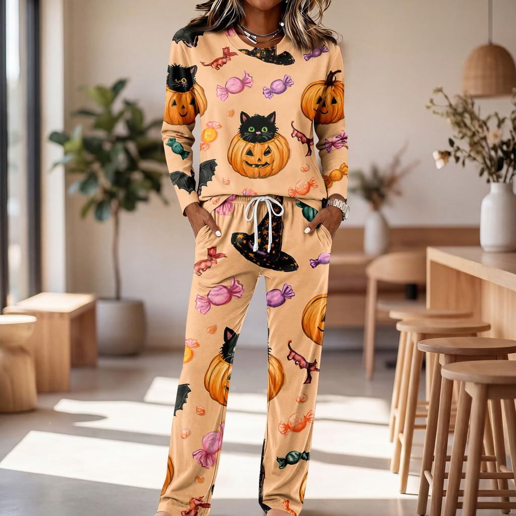 Women's Casual Pajama Set with Long Sleeve Round Neck and Drawstring Wide Leg Pants for Sleep and
