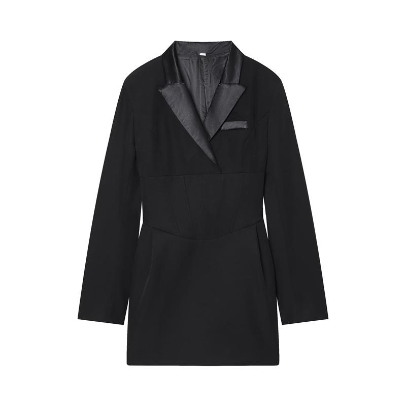 

2025 V-Neck Patchwork Suit Dress with Belt and Pleated Short Skirt Small чёрный