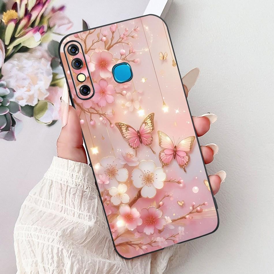 For Infinix Hot 8 Phone Case Hot 8 Lite Hot8 X650 X650C X650B X650D Elegant Floral Cat Pattern Black Silicone Soft TPU Cases