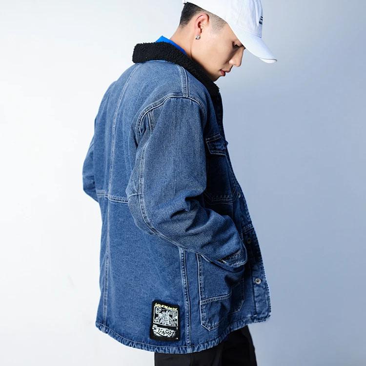 Li Ning Skateboard Series Casual Warm Fleece Lined Washed Denim Jacket Men Jacket Blue AJDR415-1