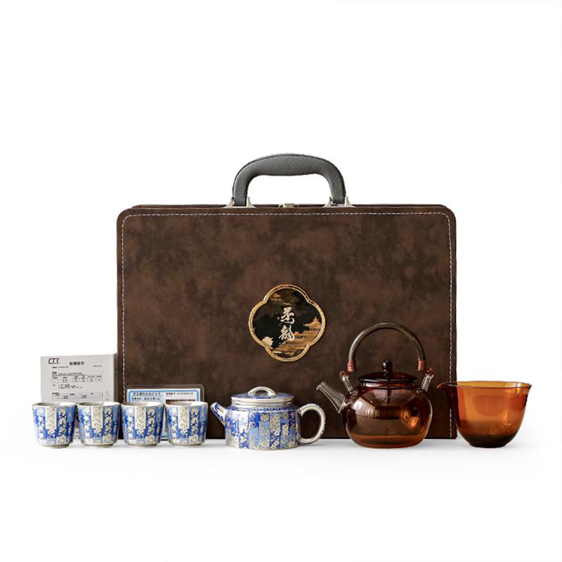 Silver-Plated Blue & White Porcelain Gongfu Tea Set with Kettle Handle - Perfect High-Grade Gift for Elders & Leaders.