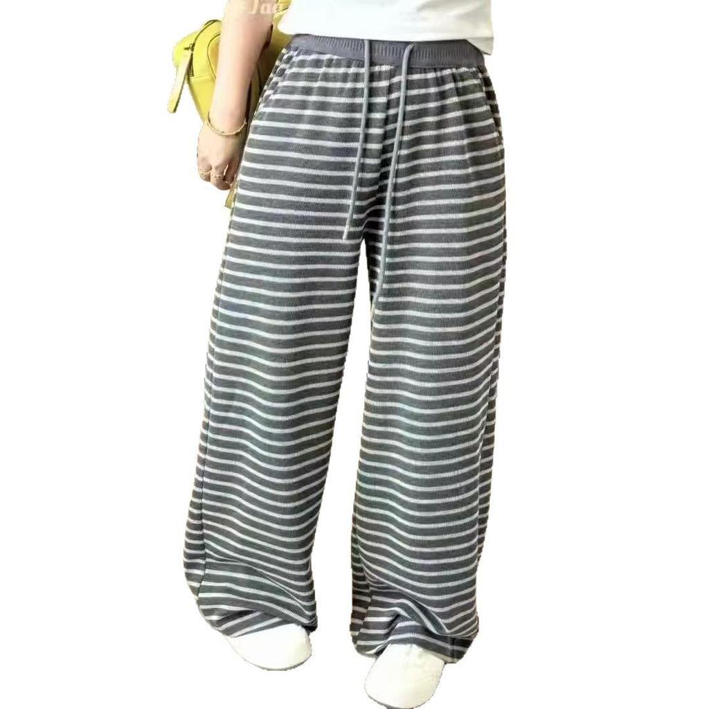Women's Gray Retro Striped Knitted Wide-Leg Pants - Korean Style, Spring 2025, Elastic Waist, Slimming Casual Fit.