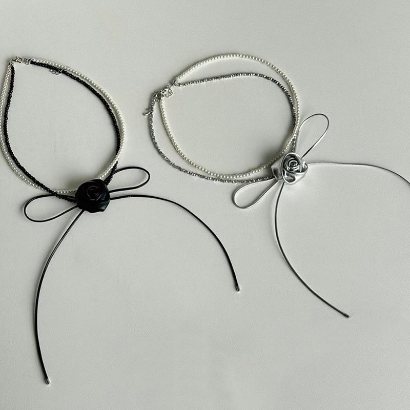 Leder Blume Schleife Perle Halskette Damen Retro Nische Persönlichkeit Vielseitig Temperament Mode Halskette Schlüsselbein Kette