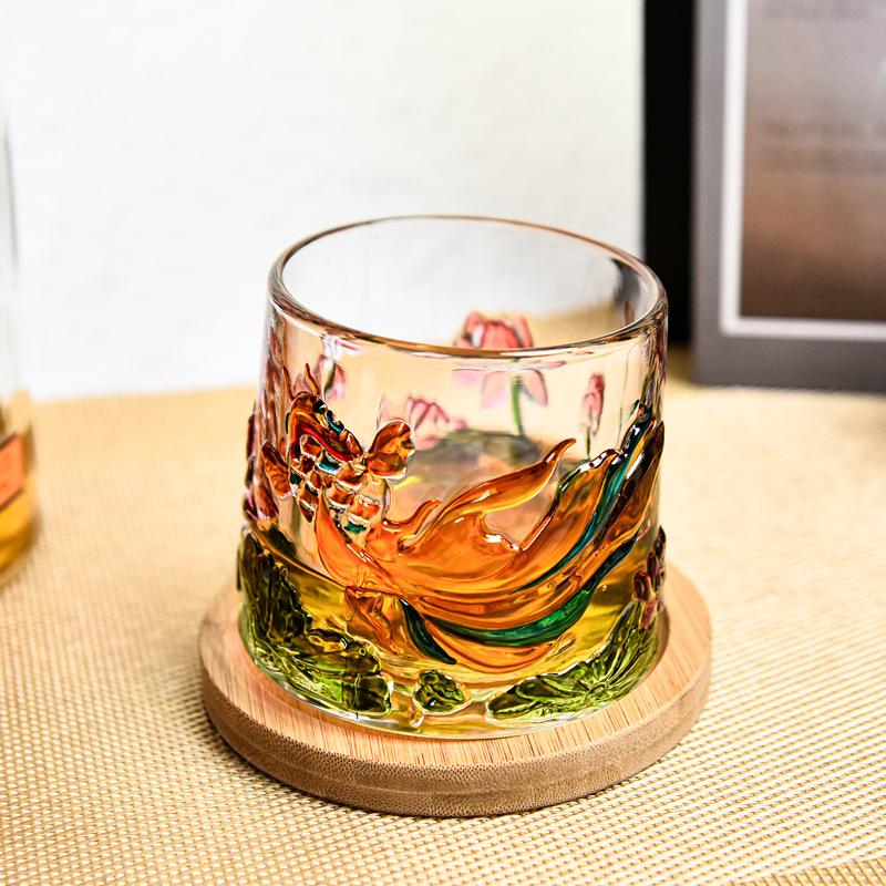 Chinese Style Painted Rotating Glass Cup with Base Whiskey Glass Creative Koi Lotus Design