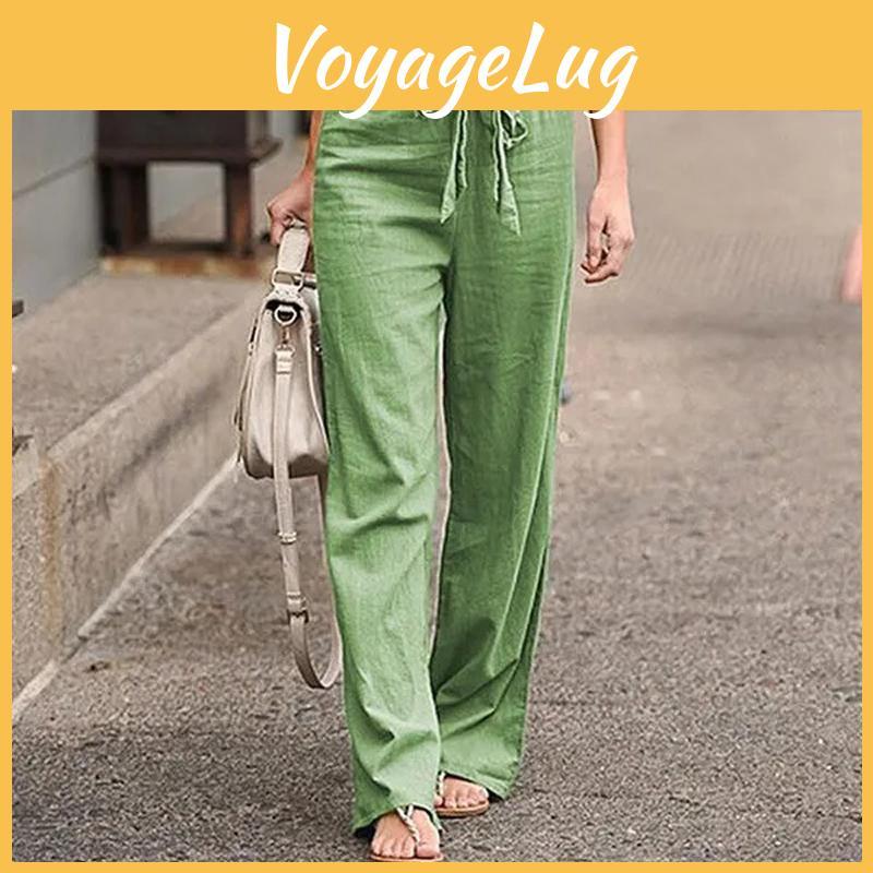 Linen Pants Cotton Summer Women Fashion Elastic Waist Loose Straight Pants Female Casual Solid Color Anklelength Trousers