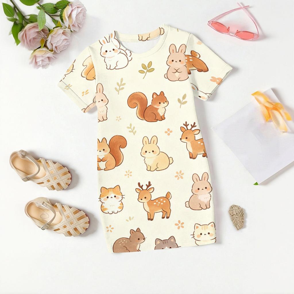 Girls Loose Fit Short Sleeve Dress Animal Print Round Neck Casual Lightweight Summer Dress for Kids