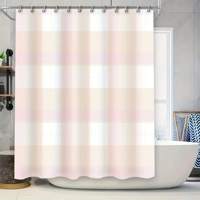 

Modern Checkered Shower Curtain Soft Pastel Colors For Bathroom Decor Pink White Beige Striped Pattern Waterproof Fabric With Ho W60H190(CM)-1 Pcs