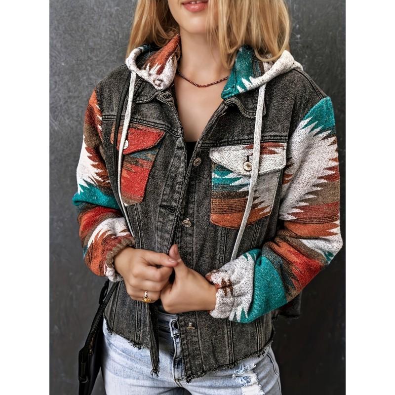 Damen Oversize Jeansjacke Mit Kapuze Patchwork Kontrastfarbe Retro Vintage Stil Langarm Lockerer Schnitt