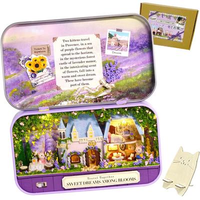 Moin Moin Dollhouse Miniature DIY Kit Set Instructions World Travel Cat Flower Garden with Trinket Box LED Light Display Stand Lavender Field and