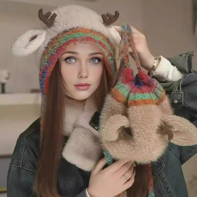 Weihnachts Rentier Mütze Handtasche 2-in-1 Gestrickte Rentier Mütze Winddicht Faltbar Leicht Verstaubar Strickmütze Winter Reiseaccessoire