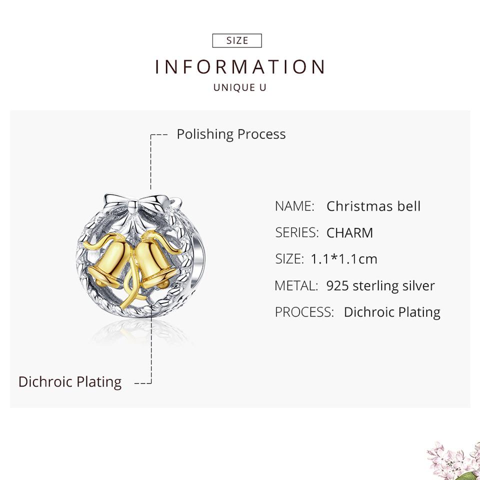BAMOER Weihnachtsglocke, runde Metallperlen für Damen, 925er Stelring-Silber, passend für Armbänder, Schmuckstücke