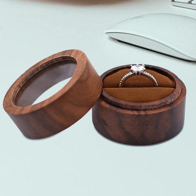 Wooden Wedding Ring Box Round Engagement Ring Holder Elegant Jewelry Storage Box Retro Ring Stand For Proposal Birthday