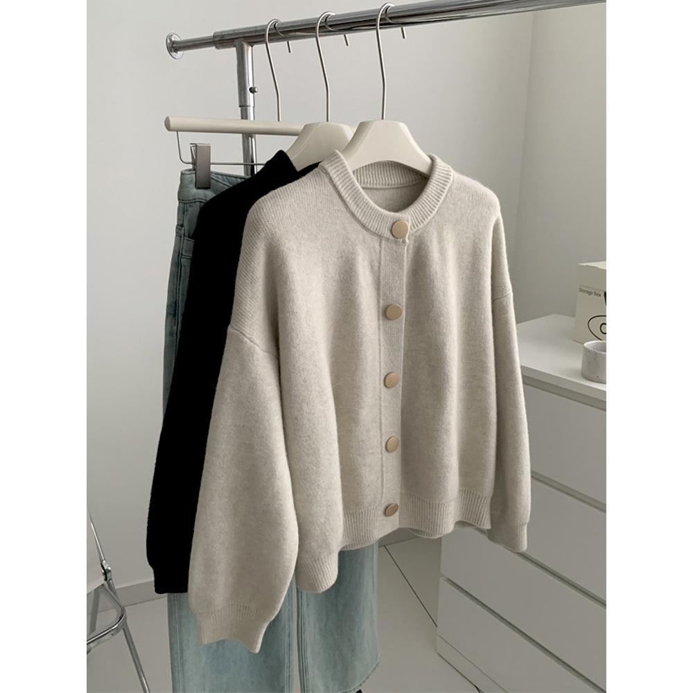 Stacked retro age-reducing long-sleeved knitted sweater autumn and winter single-breasted outer sweater lazy top cardigan women