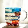 Artistic Book Stack Glass Coffee Mug Large Capacity Clear Glass Floating Effect Book Lover Gift Mug with Ergonomic Handle