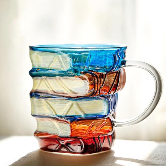 Artistic Book Stack Glass Coffee Mug Large Capacity Clear Glass Floating Effect Book Lover Gift Mug with Ergonomic Handle