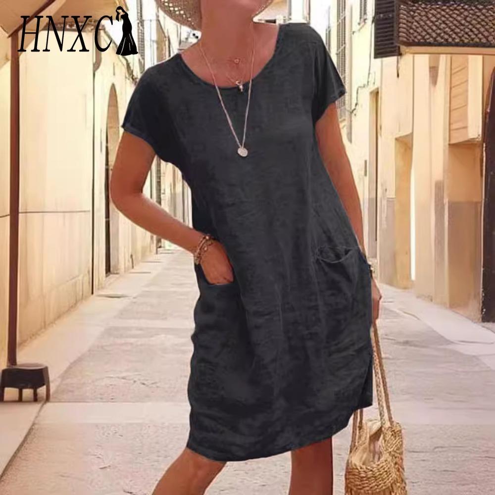 HNXC Rochie Midi de Vară pentru Femei, Culoare Solidă, Rochie Casual Lejeră cu Buzunare, Mărimi Mari