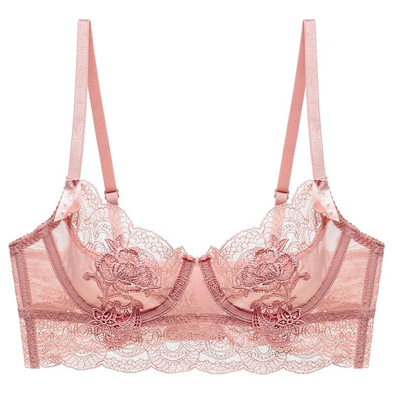 

Sexy underwear French ultra-thin perspective lace large size underwear large chest small anti-sagging bra cover 70B рожевий