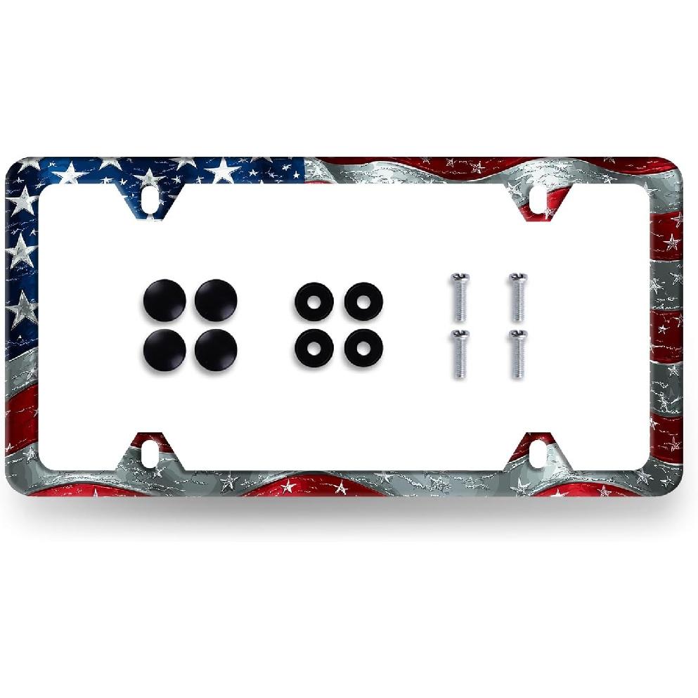 Colorful Flowers License Plate Frame Folk Floral License Plate Decoration Stainless Steel Personalise Flower License Plate Holder Women Cars America American Flag