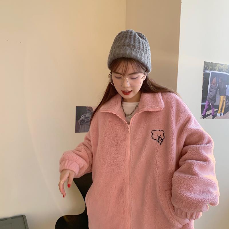 Winter Letter Pink Zippercoat Lamb Woolen Keep Warm Mid-length Women Sweatshirt Embroidery Cute Biscuit Bear Fashion Lady Pullover