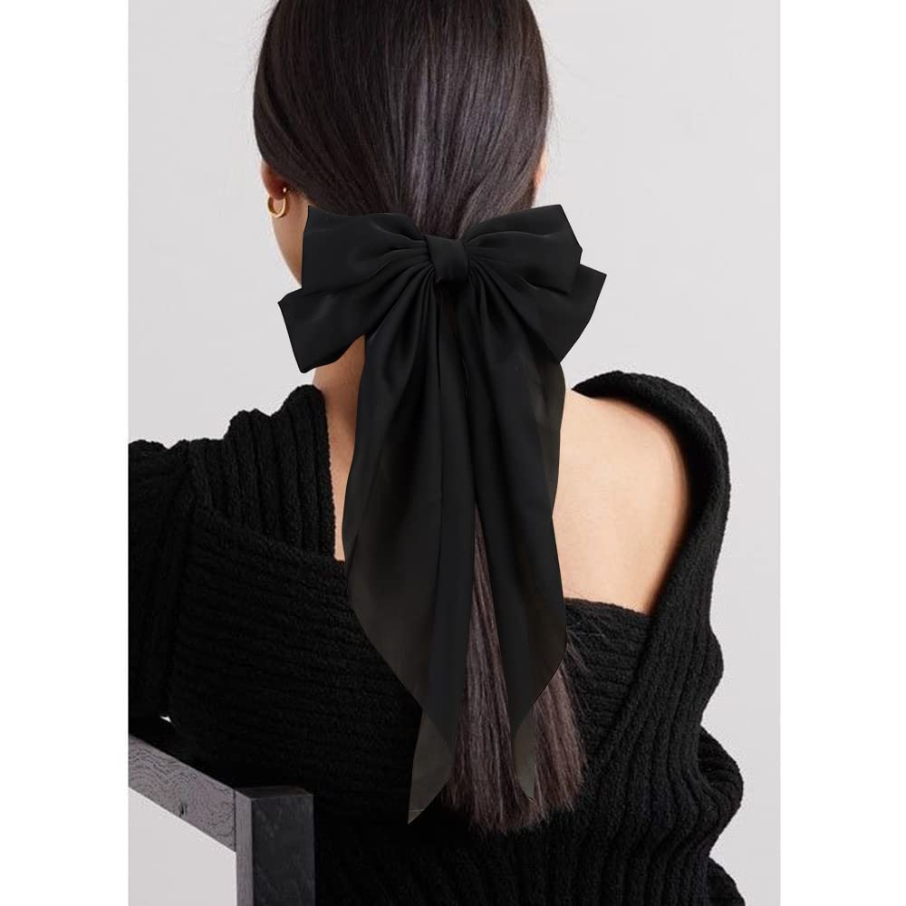 Seidige Satin-Haarschleifen 2 Stück Große Haarschleifen für Damen Haarbänder Übergröße Langer Schwanz Weiße Haarschleife Schwarze Haarschleife Große Haarband-Klammern Metall
