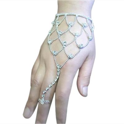 Frauen Strass Schmuck Hand Harness Armband Finger Ring Manschette Braut Hochzeit