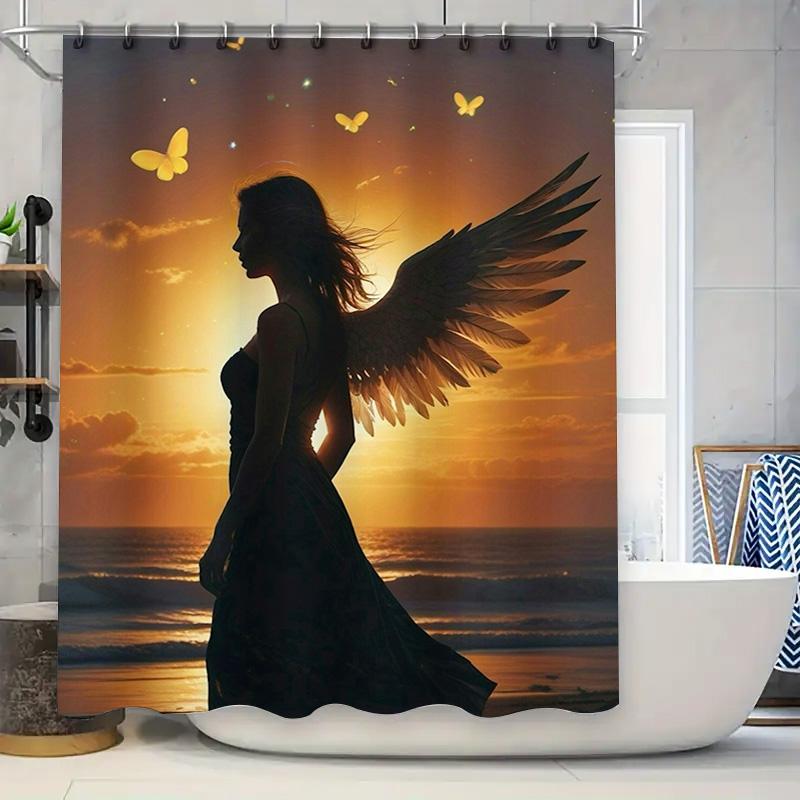 Angel Silhouette At Sunset Waterproof Shower Curtain