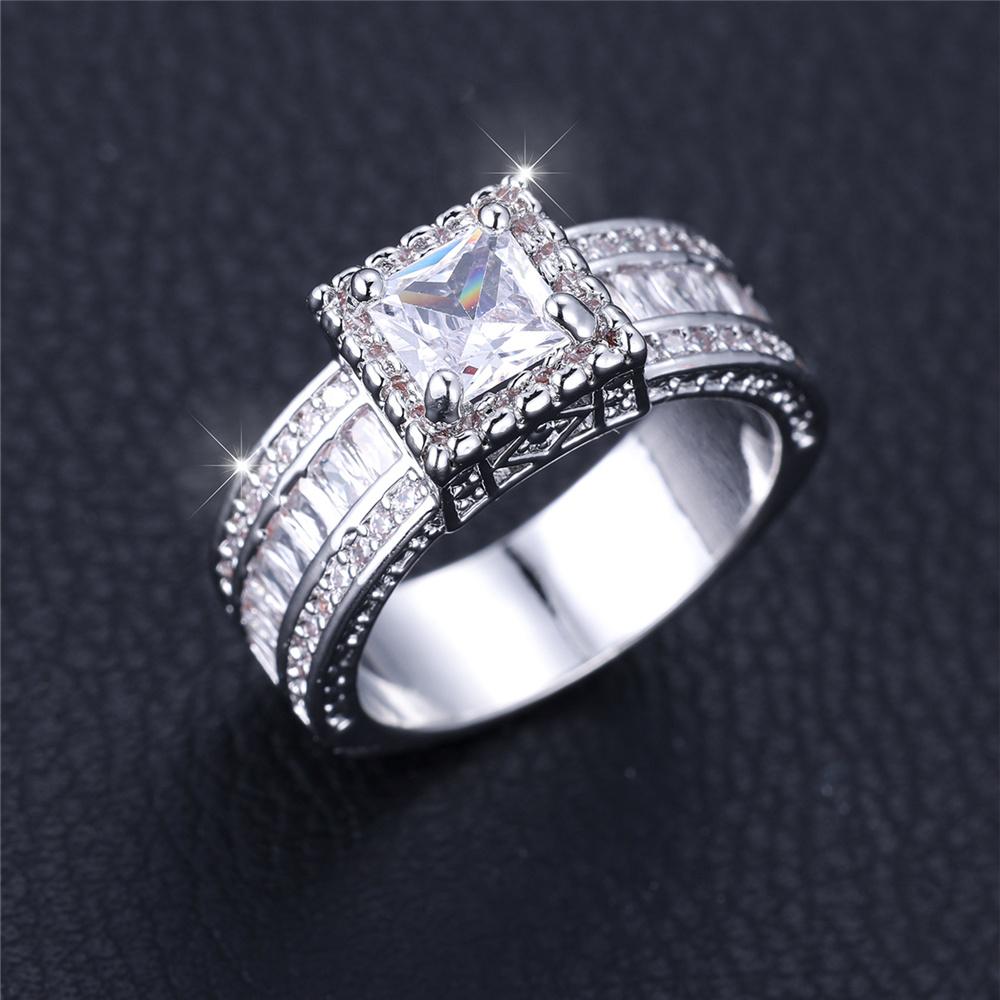 Luxury Female White Square Round Zircon Stone Ring Dainty CopperColor Wedding Jewelry For Women