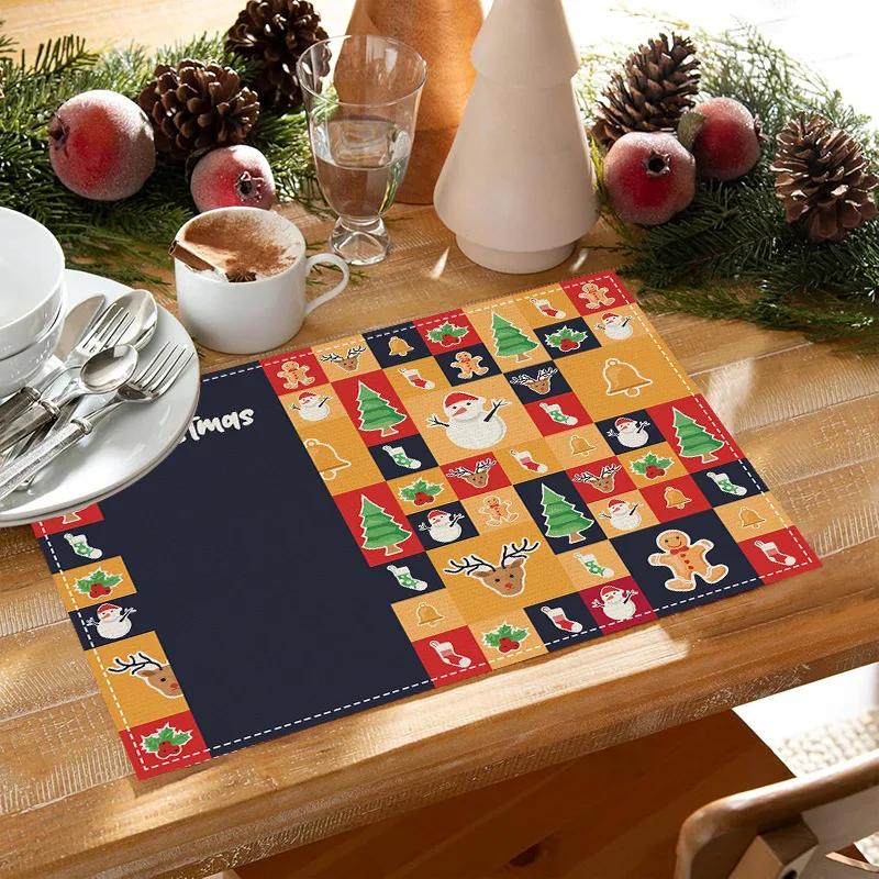 Christmas Plaid Placemat Linen Christmas Tree Snowman Print Table Mat Party Decoration Insulation Mat 30 X 45cm Coaster Placemat