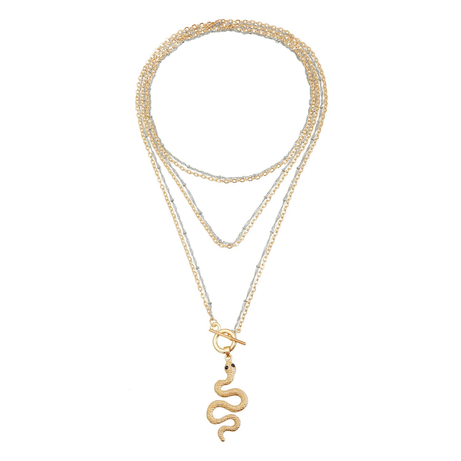 

Retro-feeling gold and silver double-layer necklace, sweater chain, snake-shaped pendant, personalized trend OT buckle necklace decoration