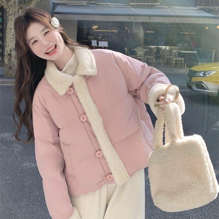 Niebieski Jagnięcy Patchwork Słodki Pikowany Płaszcz Zimowy Gruby Krótki Luźny Płaszcz typu Chleb