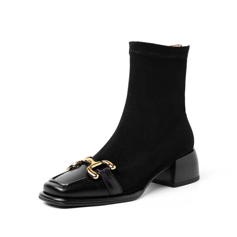 Fashion Black Elastic Socks Boots Spring Women's New Square Head Antique Short Boots Chunky Heel Boots Autumn Thick Heel Women's Boot