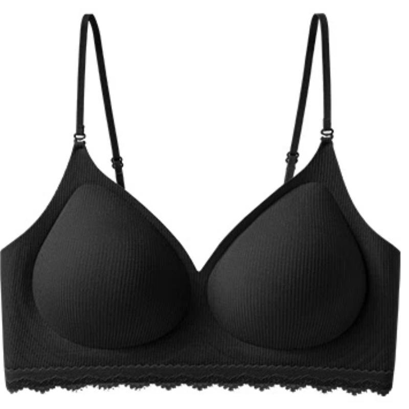 Pink Ribbed Wireless Bra with Lace Trim and 2cm Padded Cups