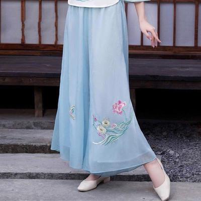 Pantalon Large Double Épaisseur en Mousseline Brodé Style Bohème-Chic Vintage pour Femme: Pantalon-Jupe Élégant, Léger, Style Tang, Taille Haute