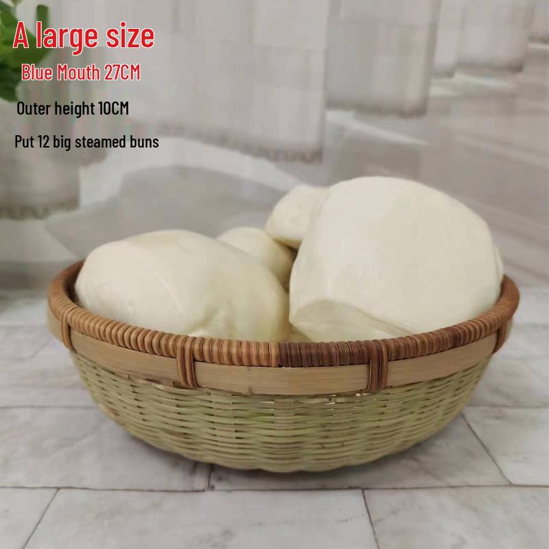 Large Bamboo Rattan High-Foot Steamed Bun & Snack Basket - Finely Woven, Multi-Purpose Household Kitchen Fruit & Vegetable Wash Basket, Round Design