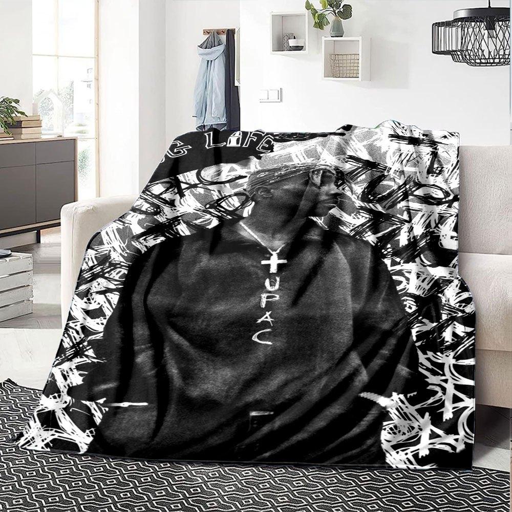 1pc 2PacHip Hop Blanket Soft Lightweight All Season Multi Purpose Throw for Sofa, Bed, Office & Picnics, French Style with Iconic Album Art & Quotes