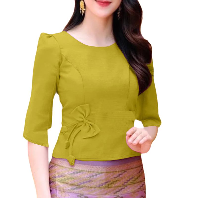 

ZANZEA Женская повседневная блузка с круглым вырезом, однотонная, летняя, с рукавом 3/4 S жёлтый