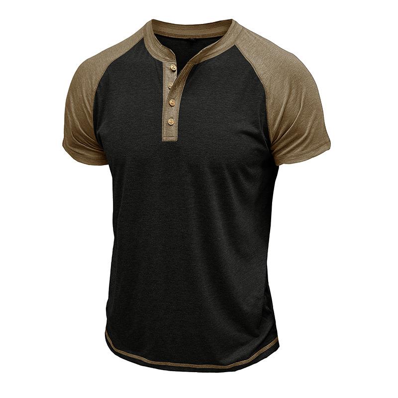 Men's Summer Short Sleeve T-Shirt Fashion Patchwork Henry Collar Button Casual Tees Tops